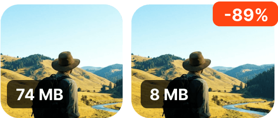 Compress video tool illustration showing a video going from 74MB to 8MB with no visible quality loss